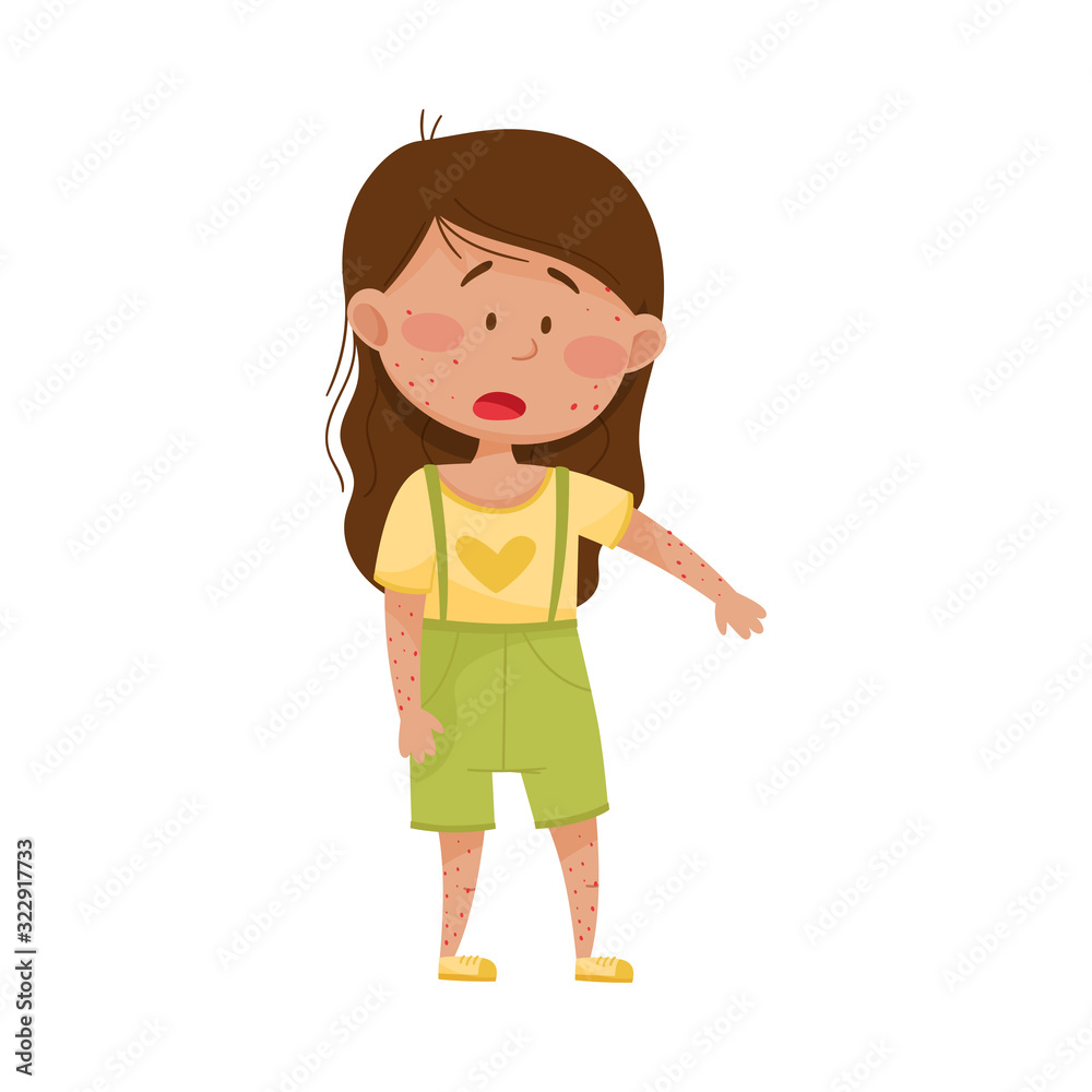 Little Girl Standing with Red Spots on Her Skin Vector Illustration