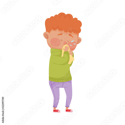 Little Boy Standing and Blowing Nose in Handkerchief Vector Illustration