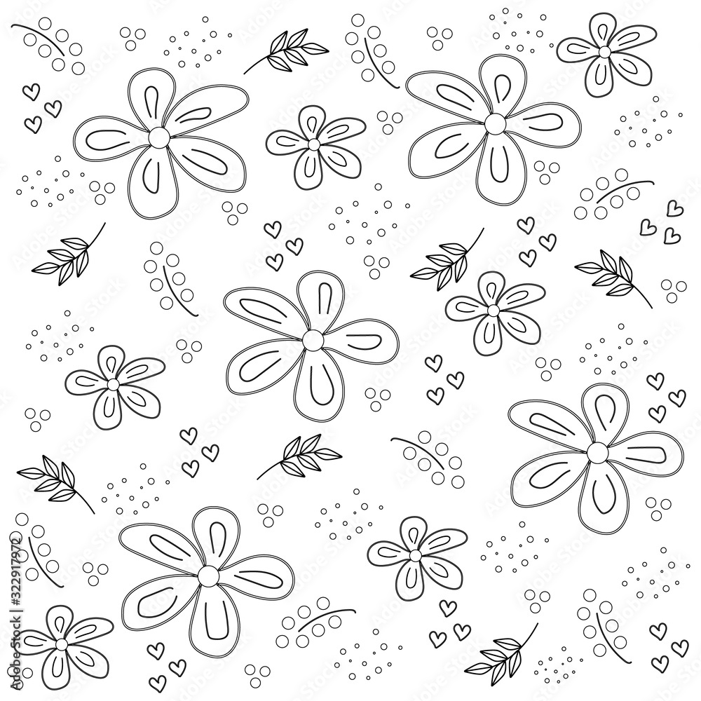 Fototapeta premium Seamless black and white floral pattern, black outline white background, vector illustration, theme flowers, application as textile, Wallpaper, gift paper