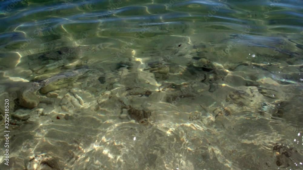 Real time shot of the reflection obscuring the rocks and coral beneath the blue water at Akumal Beach in Mexico. Real time shot of the reflection obscuring the rocks and coral beneath the blue water at Akumal Beach in Mexico.