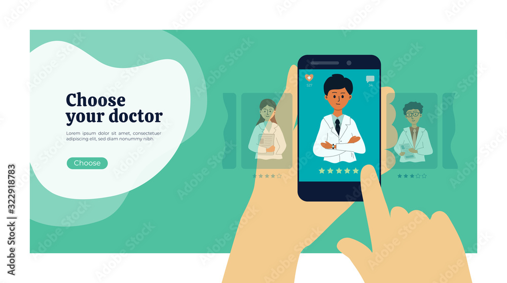Choose doctor. Mobile app helps patient find doctor. Online service search for medical professionals. Vector illustration of health care application. Choosing specialist by smartphone. Concept for web Choose doctor. Mobile app helps patient find doctor. Online service search for medical professionals. Vector illustration of health care application. Choosing specialist by smartphone. Concept for web
