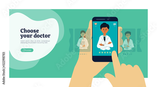 Choose doctor. Mobile app helps patient find doctor. Online service search for medical professionals. Vector illustration of health care application. Choosing specialist by smartphone. Concept for web