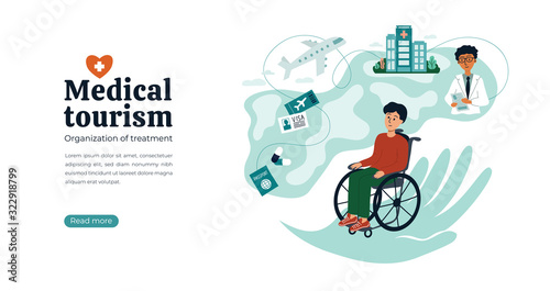 Design concept for medical tourism agency. Vector illustration with Earth, atlas, helping hand. Disabled man in wheelchair searching for clinic and doctor. Organization of treatment all over the world