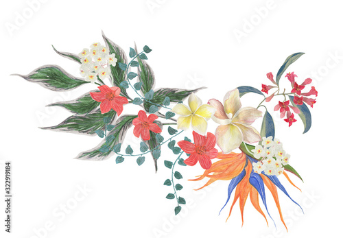 Watercolor painting floral composition with anthurium flowers and tropical leaves. Design element
