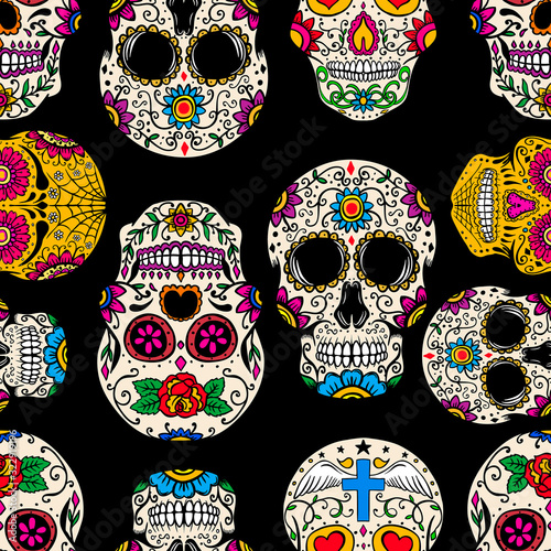 Seamless pattern with mexican sugar skulls. Design element for poster, card, banner, clothes decoration.