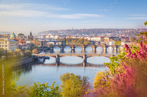 View over skyline of Prague old town with Charles bridge in spring