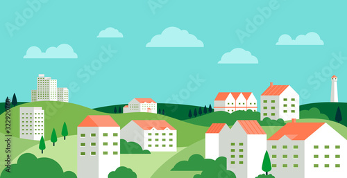 Vector illustration in simple minimal geometric flat style - city landscape with buildings  hills and trees - abstract background for header images for websites  banners  covers