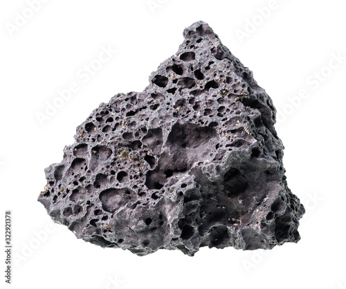 unpolished black pumice rock cutout on white