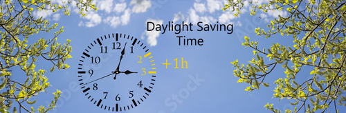 Daylight Saving Time (DST). Blue sky with white clouds and clock. Turn time forward (+1h).
