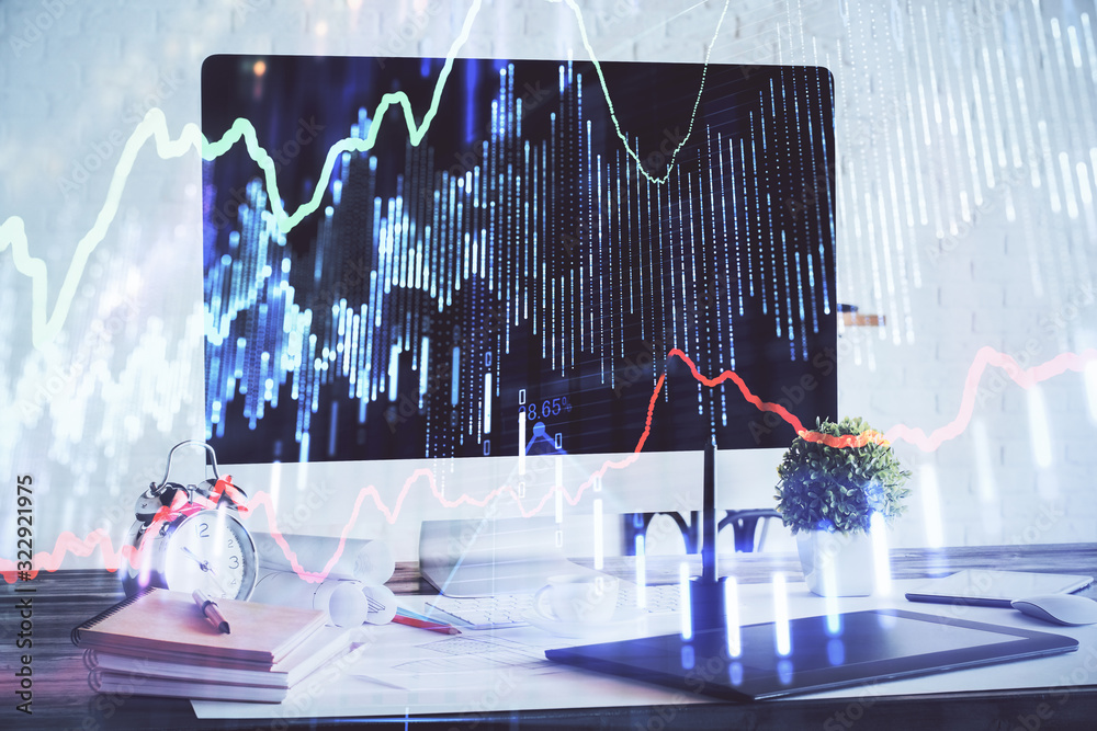 Stock market graph on background with desk and personal computer. Multi exposure. Concept of financial analysis. Stock market graph on background with desk and personal computer. Multi exposure. Concept of financial analysis.