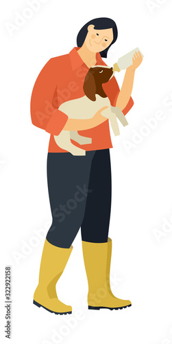 Farming today A woman bottle feeding a baby boer goat Cartoon vector illustration White & Brown Boer goats Isolated objects