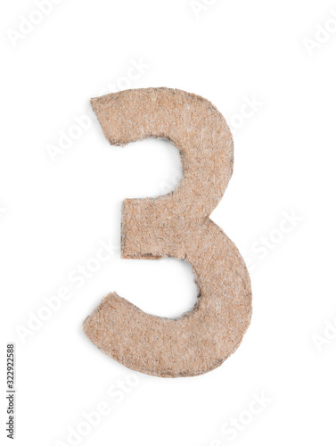 Number 3 made of cardboard isolated on white