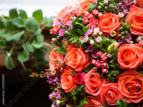 Beautiful living coral roses flowers bouquet  romantic relationship and floral design concept  luxury bouquet flowers as holiday love present on Valentines Day  mother day  weeding