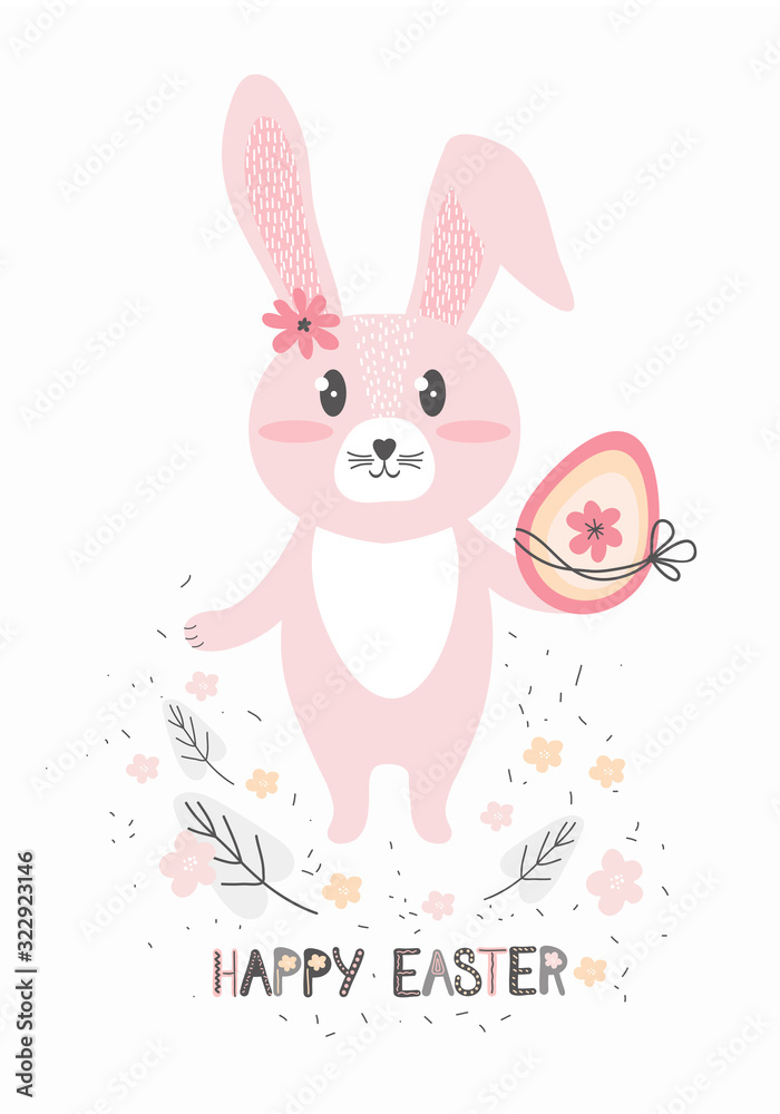 Cute Easter Bunny with an Easter egg. Greeting card or banner in Scandinavian hand drawn style. Funny little cartoon rabbit. Happy Easter. Vector illustration. Holiday decoration for Kids and babies.