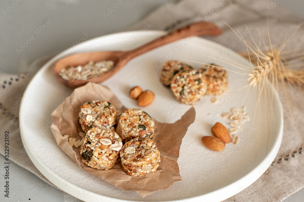 Raw vegan healthy dessert, date and nuts bliss balls, ingredients. Top view, space for text. Raw vegan healthy dessert, date and nuts bliss balls, ingredients. Top view, space for text.