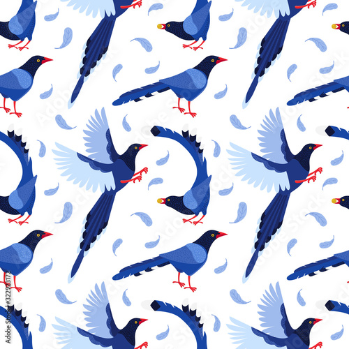 Seamless pattern Taiwan azure magpie. Background from exotic birds of Taiwan and of Asia. Urocissa caerulea. Cute Blue cartoon bird. Hand drawn vector flat illustration in Scandinavian style.