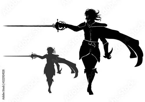 A black silhouette of a duelist in an elegant suit, with long hair, a cloak, and a rapier in one hand and a dagger in the other. 2D illustration.