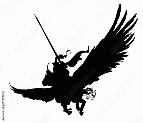 The silhouette of a knight in a cloak and helmet with a tail, with a huge lance ready, flies through the sky on top of a Pegasus with huge wings and a horn on his head. Isolated on a white background 