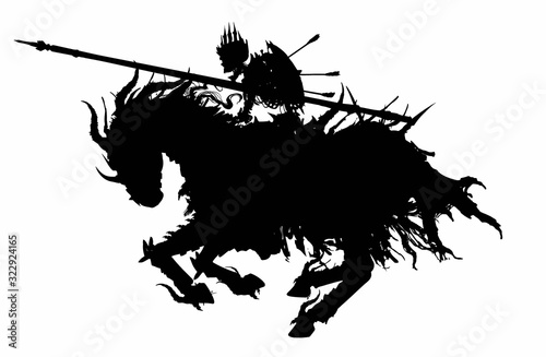 The silhouette of  sinister skeleton knight in a Royal crown, with a shield on his back and lance in front, riding a demonic horse rushing into battle. The horse is wearing spiked armor and rags. 2D.