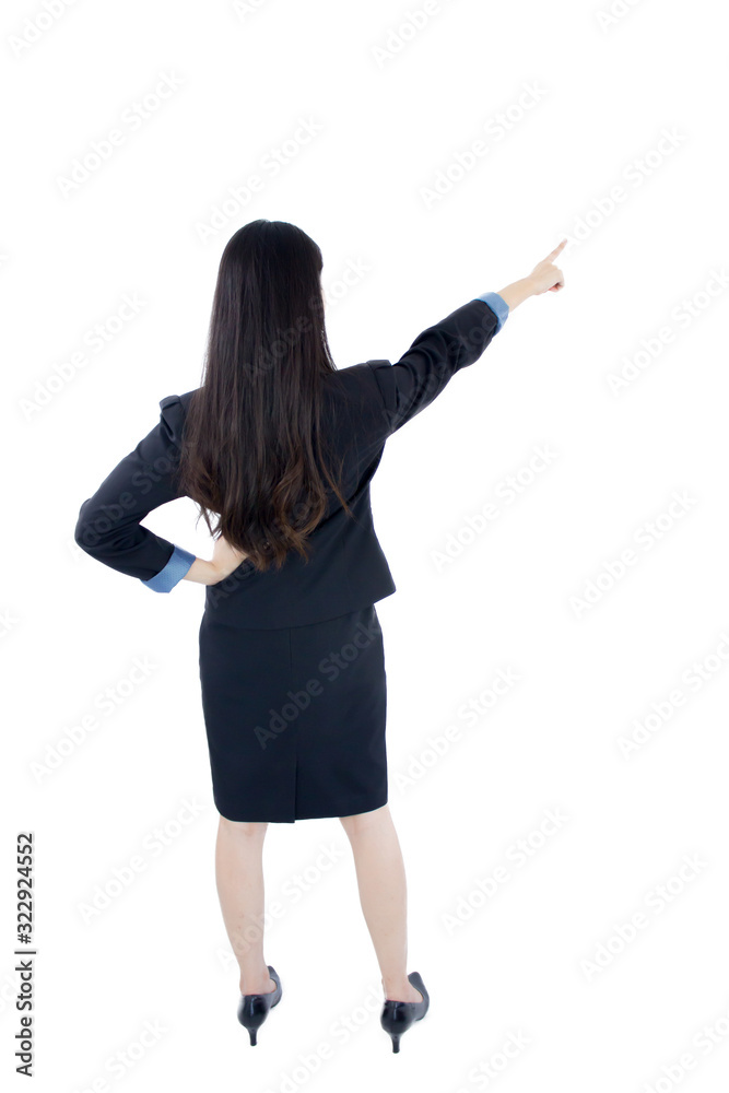 rear view of young asian business woman pointing isolate. rear view of young asian business woman pointing isolate.