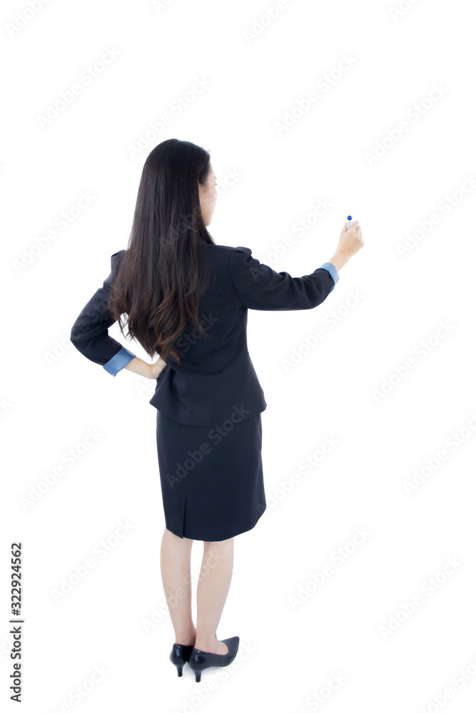 rear view of young asian business woman writing isolate. rear view of young asian business woman writing isolate.