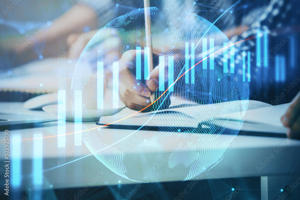 Multi exposure of two men planing investment with stock market forex chart. Multi exposure of two men planing investment with stock market forex chart.