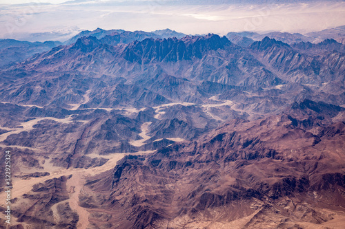 Aerial view of mountains in the Sinai through an airplane window