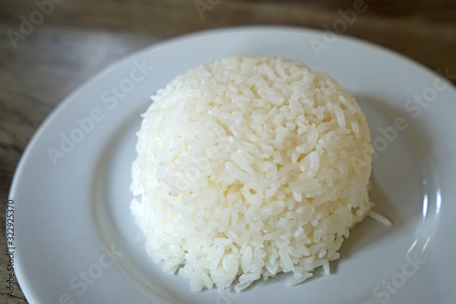 Close up dish of steamed white jasmine rice