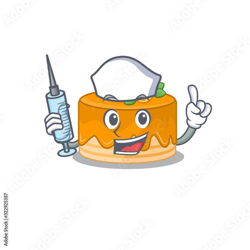 A orange cake hospitable Nurse character with a syringe
