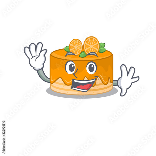 Waving friendly orange cake mascot design style