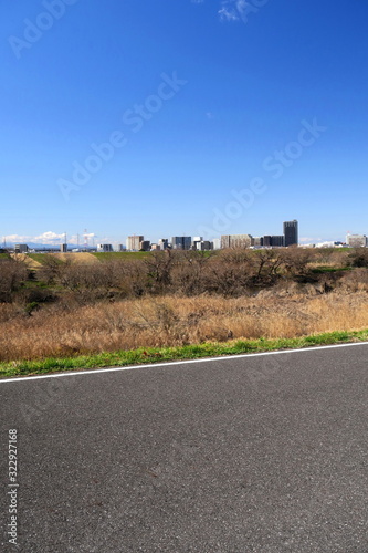 江戸川土手から見る冬枯れの河川敷と対岸風景