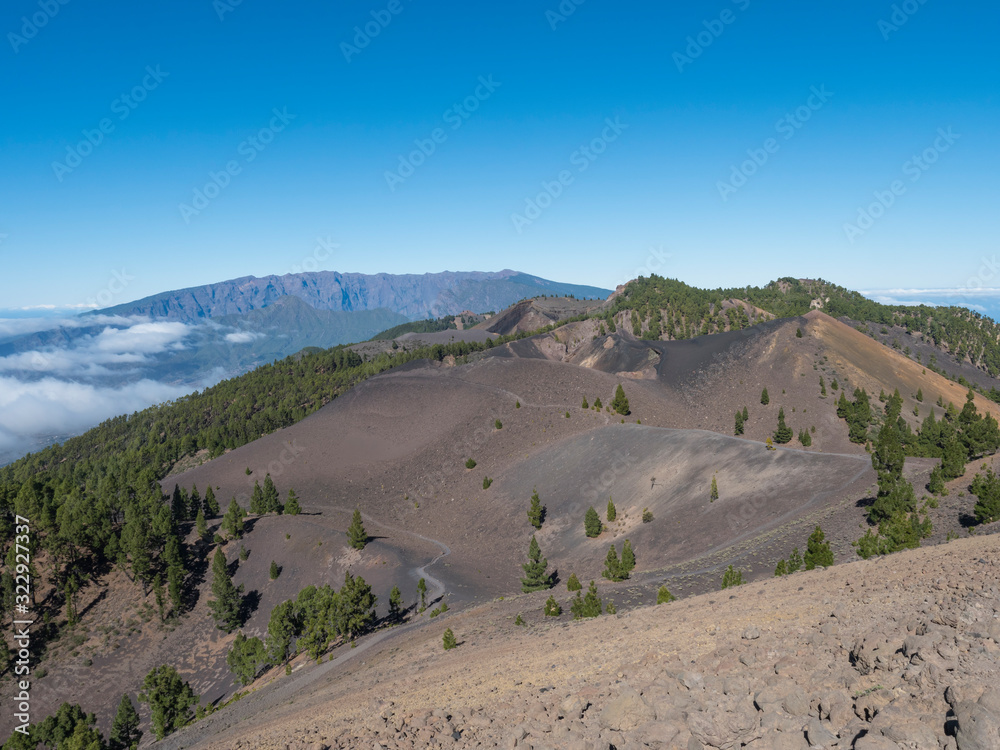 Volcanic landscape with lush green pine trees, colorful volcanoes and ...