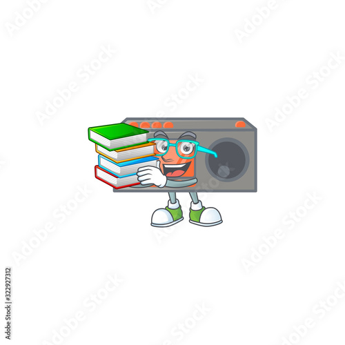 A brainy clever cartoon character of radio transceiver studying with some books