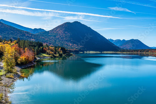 Sylvenstein reservoir lake in autumn  Bad Toelz  Bavaria  Germany  Europe