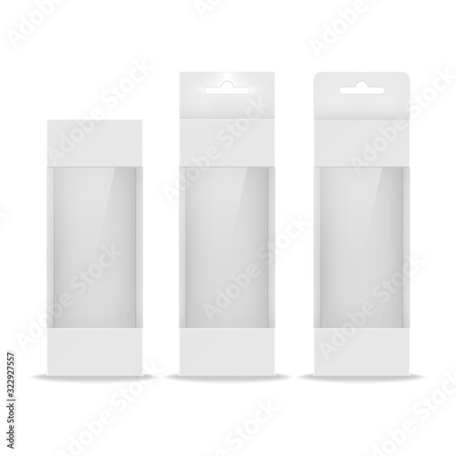 Paper white packaging box with transparent window and hanging hole. Blank product package template. Vector illustration.