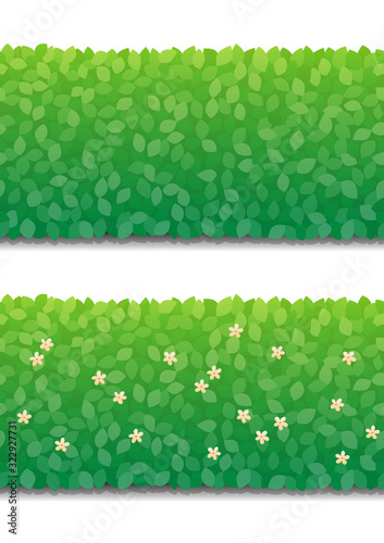 Bush wall and little flowers isolated on white background. Green bushes fence seamless pattern. Vector Illustration.
