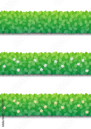 Bushes hedge and little flowers isolated on white background. Green bushes fence seamless pattern. Vector Illustration.