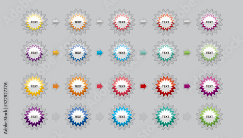 Star icons for writing text.Button icons for various colors for writing.Diagram icons in different colors.Icon for jelly and transparent border feeling.