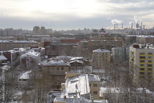 Panorama of Moscow in cold winter day with shining sun