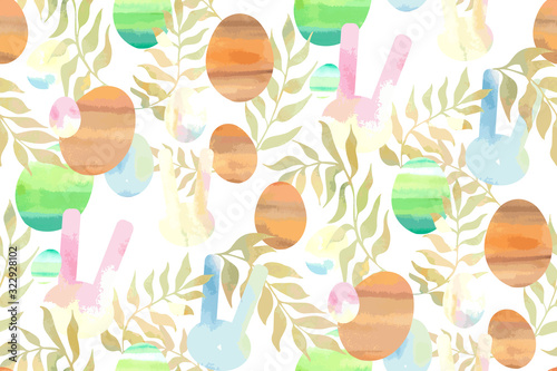 Soft watercolor print - seamless background. Endless pattern with pink blue yellow rabbits and striped eggs. Vector Stylish illustration for Easter, children - babies and spring design. 