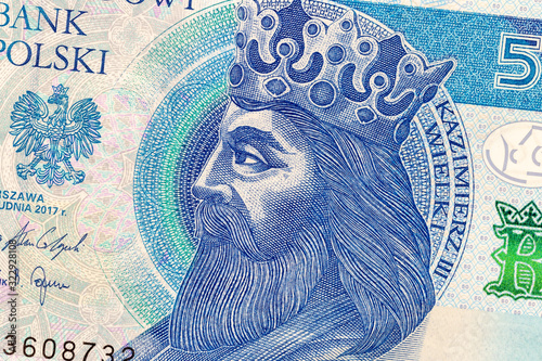 Polish currency money bill 50 zloty. Macro crop portrait of King of Poland Kazimierz III the Great
