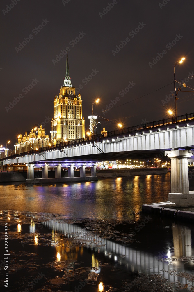 Moscow city streets and bridges at night, winter time
