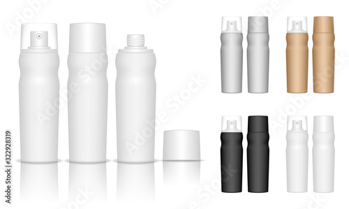 Spray bottles isolated on white background. Cosmetic container for liquid  gel  lotion  cream. Beauty product package  vector illustration.