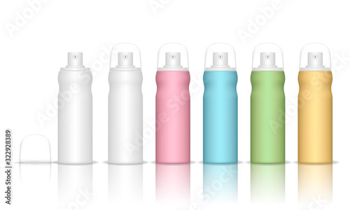 Spray bottles isolated on white background. Cosmetic container for liquid, gel, lotion, cream. Beauty product package, vector illustration.