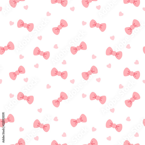 Seamless pattern with pink ribbon bow and heart. Vector illustration.