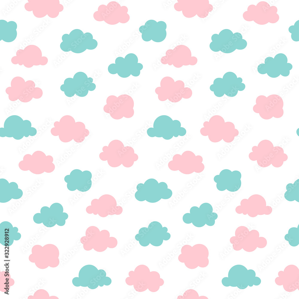 Seamless pattern with pink and turquoise cloud. Cute sky background. Vector Illustration.