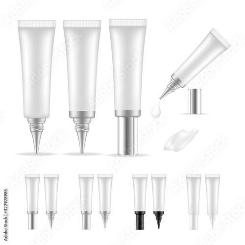 Cosmetic plastic tube isolated on white background. Skin care bottles for gel, liquid, lotion, cream. Beauty product package. Vector illustration.