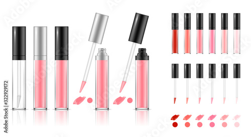 Collection of lipstick tubes with different color shade. Colorful lip gloss smudges. Makeup cosmetic product package. Vector illustration.