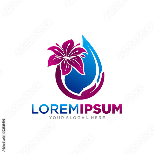 Beautiful purple lily flower green nature and water drop vector logo icon
