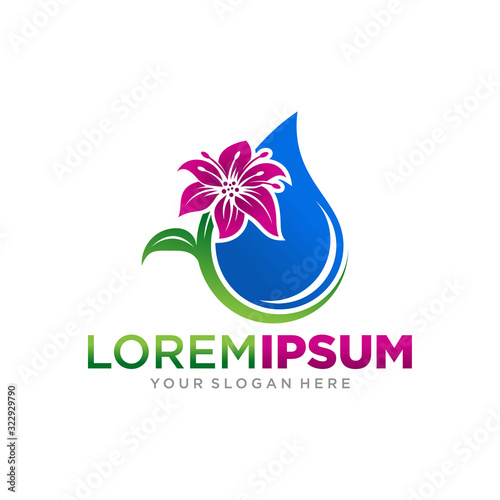 Beautiful purple lily flower green nature and water drop vector logo icon